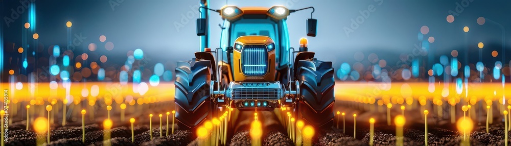 Front view of a high-tech tractor working at dawn on a field of illuminated plants, blending nature with futuristic tech Front view of a high-tech tractor working at dawn on a field of illuminated plants, blending nature with futuristic tech