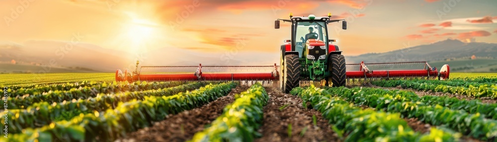 A red tractor plows a vibrant green field under a colorful sunset sky, signaling productive farming at dusk A red tractor plows a vibrant green field under a colorful sunset sky, signaling productive farming at dusk