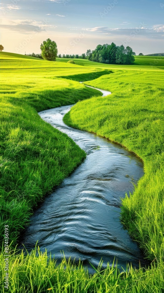Obraz premium A serene stream meandering through lush green fields under a bright blue sky, evoking peace and natural beauty