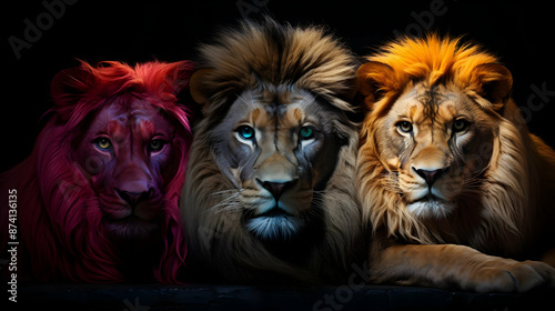 Three Lions with Different Colored Manes - Illustration © Siasart Studio