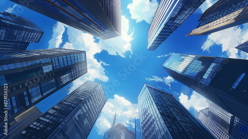 Low-angle view of modern skyscrapers against blue sky