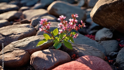 Pink Flowers Growing Between Rocks.