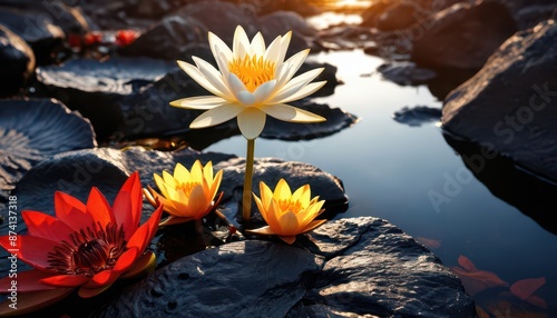 Lotus Flowers in a Pond.