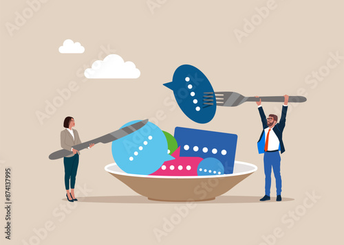 Conversation, meeting, team communication, colleague chatting, opinion. Business people hold knife fork cut eat speech bubbles. Flat vector illustration