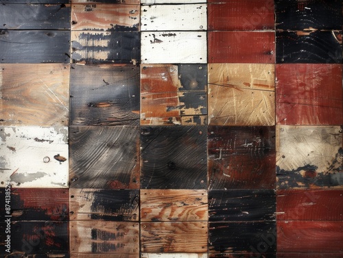 Close-up of vintage checkered wooden wall panels with a mix of colors and textures, showcasing a rustic and distressed appearance.