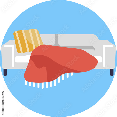 A plush sofa icon nestled among pillows, evoking relaxation and comfort, perfect for illustrating a cozy sleeping spot.