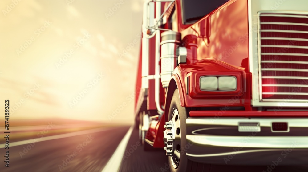 A red semi-truck drives down a highway, with a golden sunset in the background A red semi-truck drives down a highway, with a golden sunset in the background