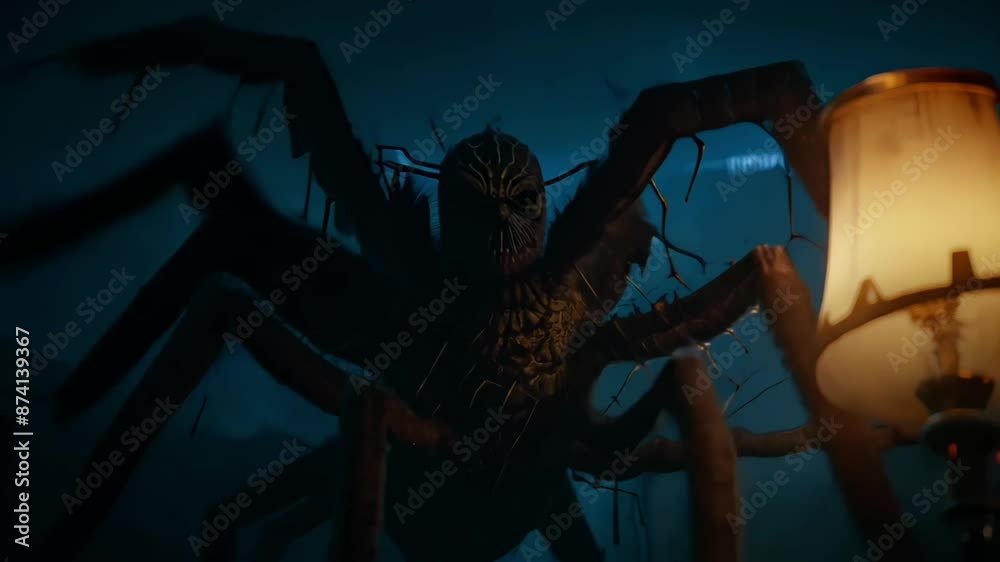 Giant spider monster see through a window. The spider is surrounded by a blue light, which gives it an eerie and ominous appearance, horror and fear cinematic style