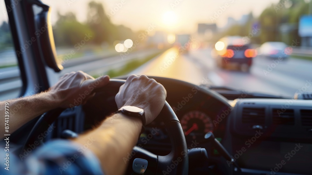 A driver grips the steering wheel as they navigate a busy city street