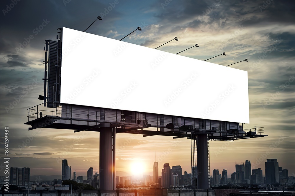 A striking urban scene featuring a massive, blank white billboard A striking urban scene featuring a massive, blank white billboard