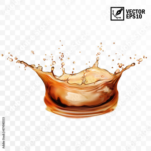 Realistic transparent isolated vector splash of tea, coffee, Cola or whiskey with drops, a splash in the form of a crown