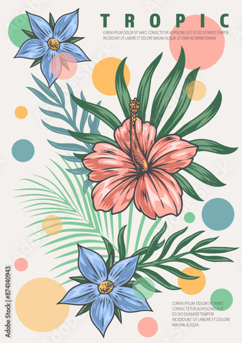 Tropical flowers vintage sticker colorful