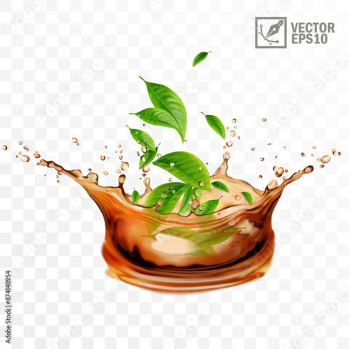 Realistic transparent isolated vector splash of tea with green leaves and drops, a splash in the form of a crown