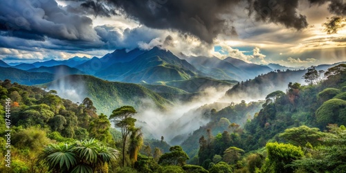 Ecuadorian cloud forest landscape illustration with towering mountains and lush rainforests in Mindo. (Keywords: nature, scenery, travel, tourism, wilderness)