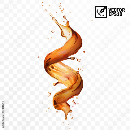 Realistic transparent isolated vector splash of tea, coffee, Cola or whiskey with drops, a splash of falling liquid in the form of a spiral, Whirlpool