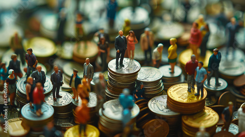 Miniature people standing on a pile of coins, symbolizing inequality and social class disparities. Illustrates concepts related to income inequality, social ideologies.