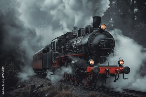 A photo of an old steam train in motion, with thick smoke billowing from its chimney. Vintage transport concept.