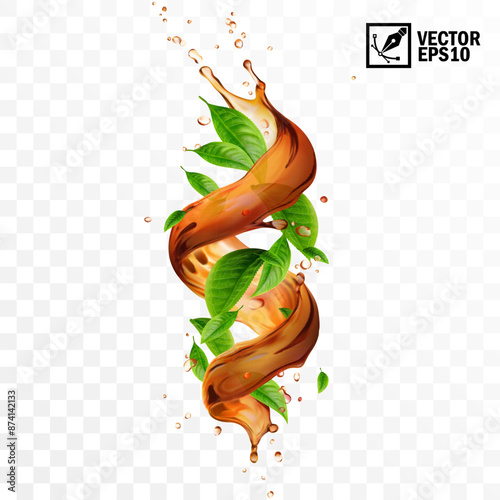 Realistic transparent isolated vector splash of tea with green leaves and drops, a splash of falling liquid in the form of a spiral, Whirlpool