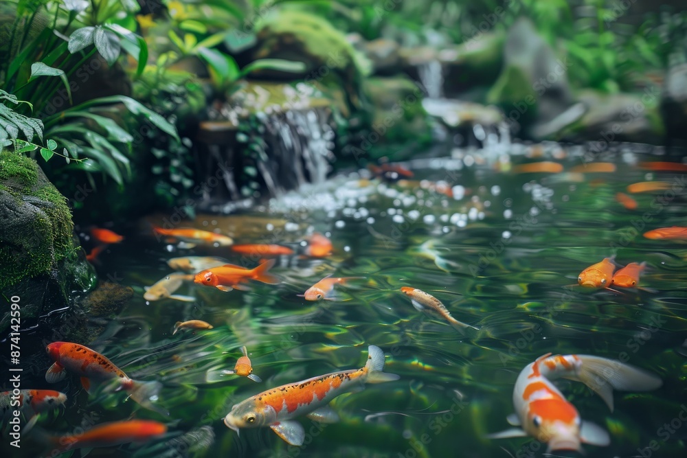Serene koi pond with vibrant fish and a lush garden setting, captured in sharp detail Serene koi pond with vibrant fish and a lush garden setting, captured in sharp detail