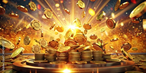 Golden casino coins erupting from an explosion, showering wealth and excitement with realistic gaming visuals: jackpot, treasure trove, cash prize, winning streak photo