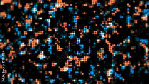 Digital dot grids blue, orange, white blurry effect and black background video 2K 