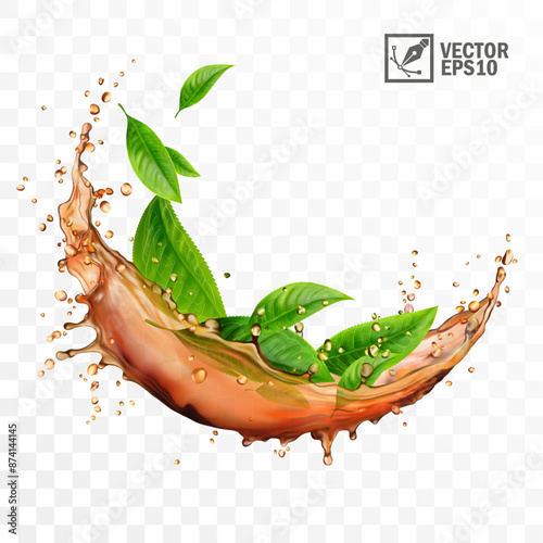 Realistic transparent isolated vector splash of tea with green leaves and drops, a splash in the form of a circle