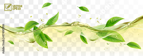 Realistic transparent isolated vector splash of green tea with green leaves and drops, a splash in the form of a wave with bubbles