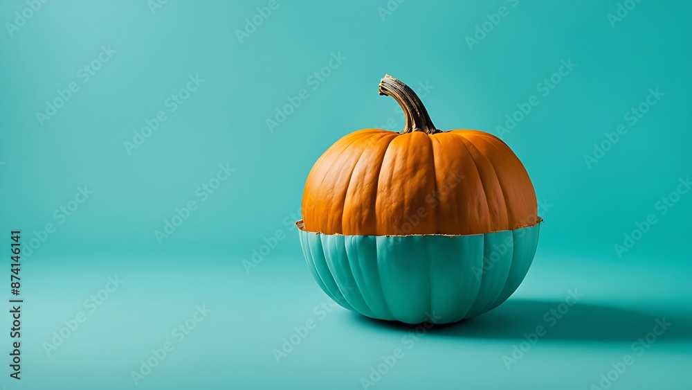 Orange pumpkin inside half of turquoise pumpkin on turquoise background. Copy space. Autumn harvest and creative decoration concept. Design for poster, greeting card, banner Orange pumpkin inside half of turquoise pumpkin on turquoise background. Copy space. Autumn harvest and creative decoration concept. Design for poster, greeting card, banner