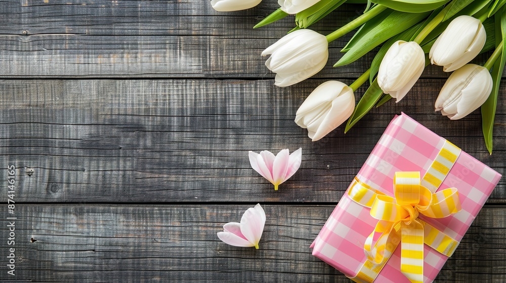 pink gift box with tulips on wooden table background pink gift box with tulips on wooden table background