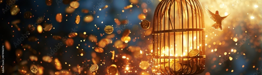 Golden coins escaping from an open birdcage into a clear blue sky, representing wealth and newfound freedom Golden coins escaping from an open birdcage into a clear blue sky, representing wealth and newfound freedom