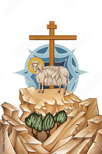 Behold the Lamb of God who takes away the sin of the world. Illustration in Byzantine style isolated