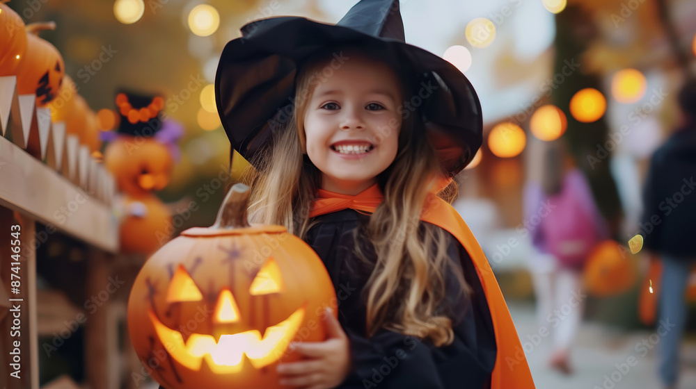Happy Halloween. Children in costumes and makeup holiday halloween. Young girl dressed as a witch holding a carved pumpkin, standing outdoors in the evening with festive lights in the background. Happy Halloween. Children in costumes and makeup holiday halloween. Young girl dressed as a witch holding a carved pumpkin, standing outdoors in the evening with festive lights in the background.