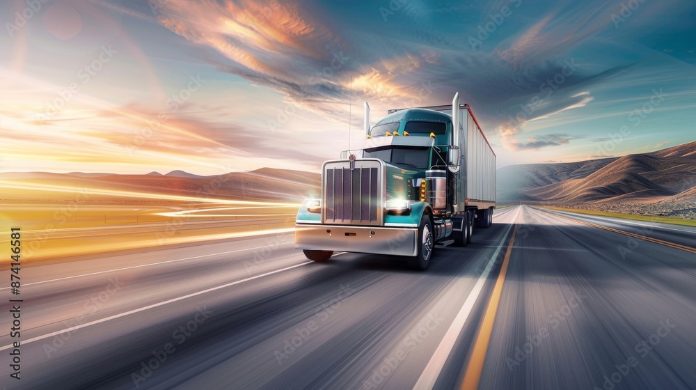 A semi-truck drives down a highway with a sunset in the background