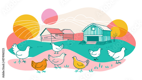 Pastel-Colored Illustration of Chickens on a Farm