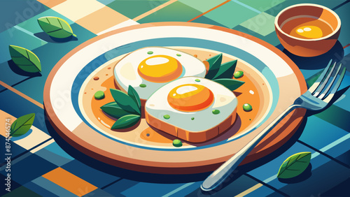Sunny Morning Breakfast: Toast with Fried Eggs and Fresh Basil on Colorful Tablecloth