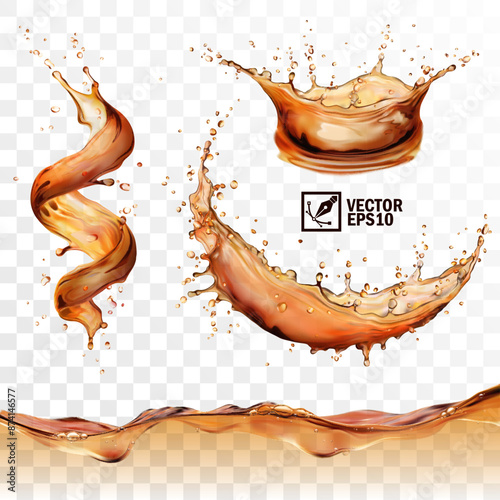 Realistic transparent isolated vector set splashes of tea, coffee, Cola or whiskey with drops, a splash of falling liquid in the form of a spiral, crown and circle,, a wave with bubbles