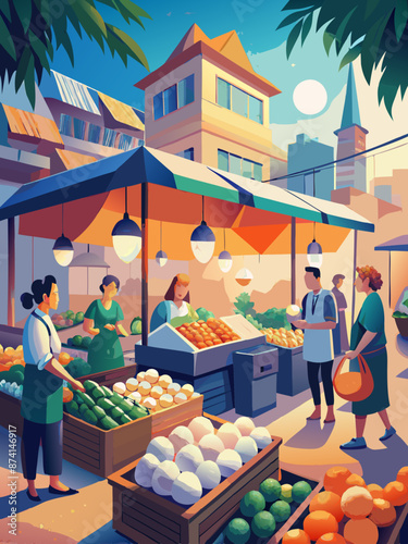 Bustling Outdoor Market Scene with Fresh Produce and Shoppers