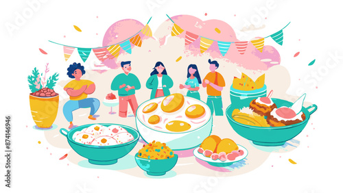 Vibrant Illustration of Friends Enjoying a Festive Potluck Feast