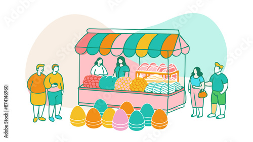 Colorful Market Stall With Shoppers and Fresh Produce Illustration