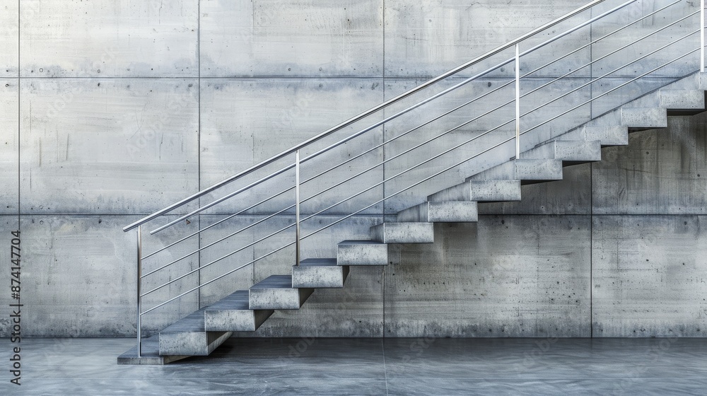 Fototapeta premium A concrete staircase with a metal handrail rises against a gray concrete wall