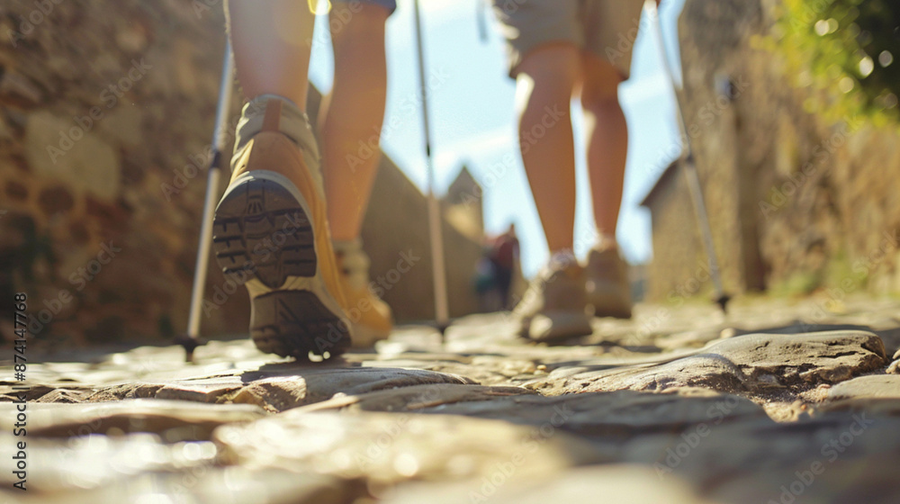 People walking along the path to Santiago de Compostela on a sunny day in Spain, Europe. Focus on people's legs with trail sticks. People walking along the path to Santiago de Compostela on a sunny day in Spain, Europe. Focus on people's legs with trail sticks.