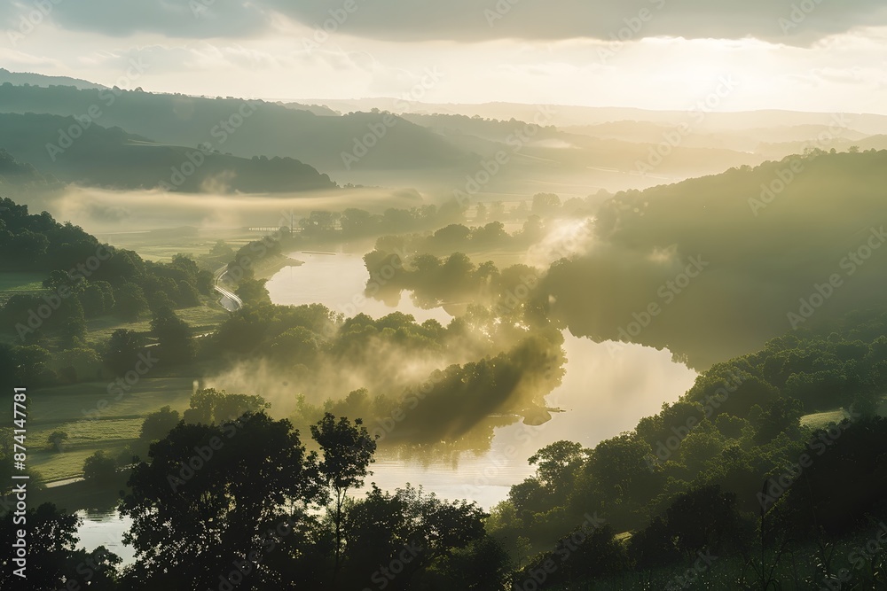 A panoramic view of a tranquil river valley at dawn, with mist rising from the water A panoramic view of a tranquil river valley at dawn, with mist rising from the water