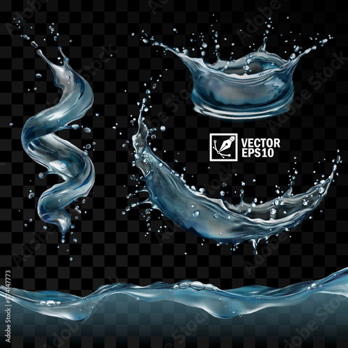 Realistic transparent isolated vector set splashes of water with drops, a splash of falling water in the form of a spiral, crown and circle, a wave with bubbles, black background