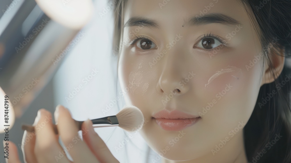 Chinese women apply face powder to their cheeks using a soft brush to create a flawless look. Chinese women apply face powder to their cheeks using a soft brush to create a flawless look.
