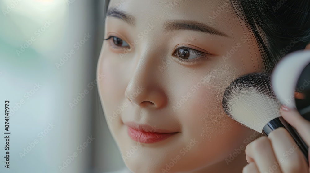 Chinese women apply face powder to their cheeks using a soft brush to create a flawless look.