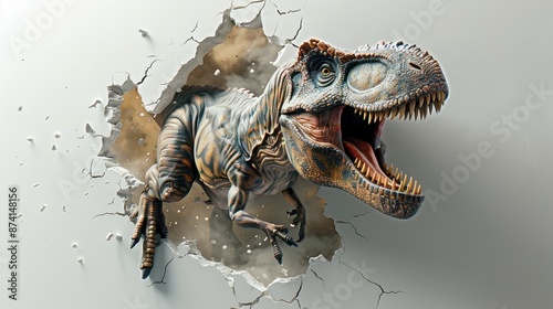 Dinosaur breaking through a white wall, dynamic pose