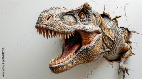 Dinosaur head and shoulders pushing through a white wall, aggressive stance