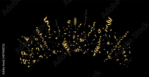 Golden serpentine ribbons frame. Confetti round banner. Luxury decoration