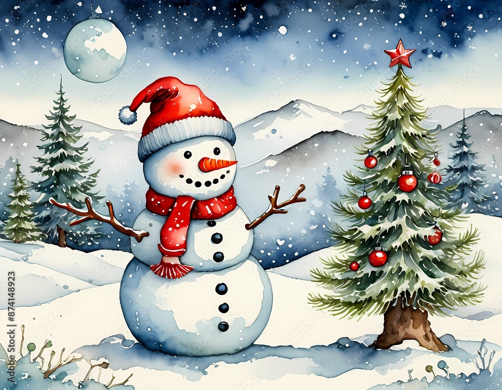 snowman in the snow landscape, wearing santa hat and red scraf, with a beautiful christmas tree and the ornaments behind it, mountain at the background snowman in the snow landscape, wearing santa hat and red scraf, with a beautiful christmas tree and the ornaments behind it, mountain at the background