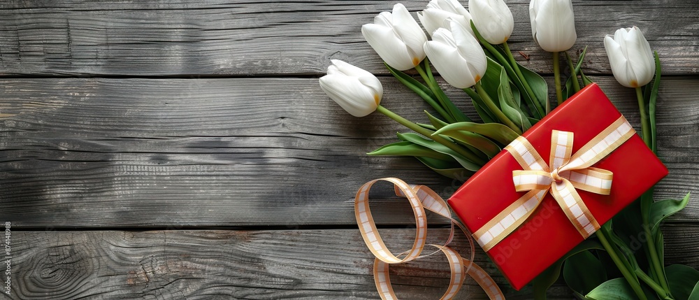 red gift box with tulips on wooden table background red gift box with tulips on wooden table background